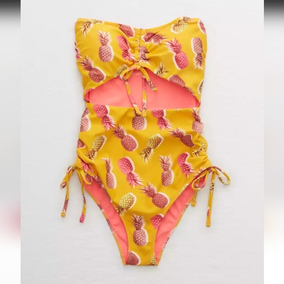 American Eagle Cut Out Runching Tie One Piece Baithing Suit - Picture 2 of 16